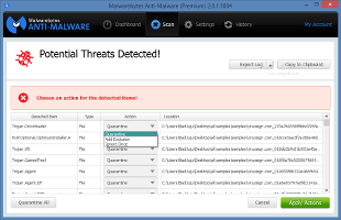 Showing the Malwarebytes Anti-Malware Premium scan results with detected threats